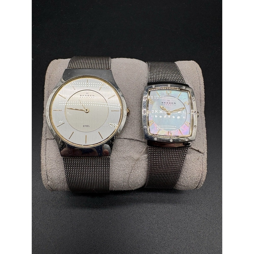 Skagen Denmark Watch Set 233LGSC 396XSGS Unisex‎ Silver Gold Mesh Band Good